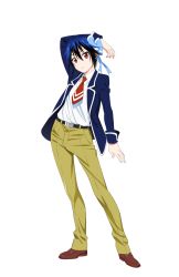 Rule 34 | 10s, 1girl, blue hair, bow, full body, hair bow, highres, loafers, mole, mole under eye, necktie, nisekoi, official art, pants, parted lips, red eyes, reverse trap, school uniform, shoes, short hair, solo, sugiyama nobuhiro, transparent background, tsugumi seishirou