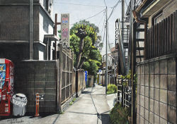 Rule 34 | 2014, cityscape, colored pencil (medium), dated, day, hayashi ryouta, no humans, original, outdoors, photorealistic, real world location, realistic, ryota884, scenery, signature, tokyo (city), traditional media, vending machine