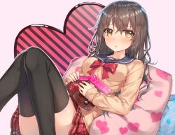 Rule 34 | 1girl, 3:, black thighhighs, blush, book, breasts, brown eyes, brown hair, brown sweater, closed mouth, hair between eyes, hakuishi aoi, heart, heart print, holding, holding book, knees together feet apart, long hair, looking at viewer, medium breasts, open book, original, pillow, plaid, plaid skirt, pleated skirt, red skirt, school uniform, serafuku, sitting, skirt, sleeves past wrists, solo, striped, sweater, thighhighs, valentine, wavy hair