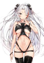 Rule 34 | 1girl, absurdres, antenna hair, azur lane, bare shoulders, black one-piece swimsuit, black thighhighs, blush, bracelet, breasts, brown eyes, closed mouth, collarbone, commentary request, cross, fingers to chin, groin, hair intakes, hair ornament, hand on own chin, hand up, highres, iron cross, jewelry, large breasts, long hair, looking at viewer, mole, mole on breast, multicolored hair, nail polish, navel, one-piece swimsuit, one eye closed, open mouth, parted bangs, prinz eugen (azur lane), red hair, revealing clothes, silver (chenwen), silver hair, simple background, solo, streaked hair, swimsuit, thighhighs, thighs, two side up, white background, white nails