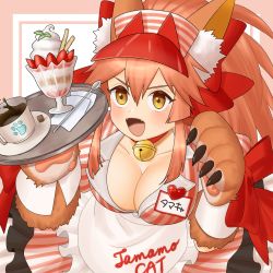 1girl, animal ear fluff, animal ears, apron, bangs, bell, bow, breasts, character name, cleavage, clothes writing, coffee, collar, collarbone, dress, fang, fangs, fate/extra, fate/grand order, fate (series), food, fox ears, fox girl, fox tail, gloves, hair between eyes, hair bow, highres, ice cream, jingle bell, large breasts, long hair, lostroom outfit (fate), neck bell, open mouth, paw gloves, paws, pink hair, ponytail, puffy short sleeves, puffy sleeves, red bow, short sleeves, sidelocks, smile, spoon, striped, striped dress, sundae, tail, tamamo (fate) (all), tamamo cat (fate), tray, visor cap, white apron, yakitorioic, yellow eyes