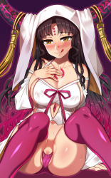 Rule 34 | 10s, 1girl, ;q, arm at side, arm support, bad id, bad pixiv id, bare shoulders, black hair, blush, breasts, brown hair, chest tattoo, cleavage, collarbone, detached sleeves, facial mark, fate/extra, fate/extra ccc, fate/grand order, fate (series), forehead mark, gem, gradient hair, hand on own chest, hand up, horn ornament, horns, knees up, large breasts, licking lips, long hair, long sleeves, looking at viewer, multicolored hair, naughty face, navel, nite (ku3456), nose blush, one eye closed, panties, parted bangs, partially visible vulva, purple hair, purple panties, purple ribbon, purple thighhighs, revealing clothes, ribbon, sessyoin kiara, sideboob, sidelocks, sitting, skindentation, smile, solo, spread legs, stomach, sweat, tattoo, thighhighs, tongue, tongue out, underwear, veil, very long hair, wavy hair, wide sleeves, yellow eyes
