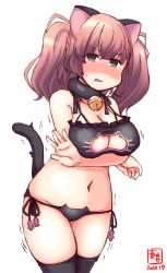 Rule 34 | 1girl, alternate costume, animal ears, artist logo, atlanta (kancolle), bell, black bra, black panties, black thighhighs, bra, breasts, brown hair, cat cutout, cat ear panties, cat ears, cat lingerie, cat tail, choker, cleavage, cleavage cutout, clothing cutout, commentary request, dated, embarrassed, frilled bra, frills, grey eyes, highres, jingle bell, kanon (kurogane knights), kantai collection, large breasts, long hair, looking at viewer, meme attire, neck bell, panties, pussy juice, side-tie panties, simple background, solo, tail, thighhighs, trembling, twintails, two side up, underwear, underwear only, white background