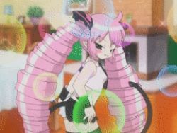 Rule 34 | 00s, animal ears, animated, animated gif, ass, ass shake, blush, demon tail, drill hair, esmerelda, green eyes, lowres, midriff, pink hair, saint october, screencap, skirt, solo, striped clothes, striped thighhighs, tail, thighhighs, tongue, twin drills