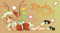 Rule 34 | 1girl, arm support, blonde hair, bobby socks, brown background, character name, flandre scarlet, frilled skirt, frills, frown, full body, hat, hat ribbon, head rest, leg lift, light particles, looking at viewer, lying, mary janes, mirei (miirei), mob cap, on stomach, red eyes, ribbon, shoes, short hair, side ponytail, simple background, skirt, skirt set, socks, solo, touhou, wings, wrist cuffs