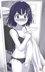 Rule 34 | 1girl, blue theme, blush, cowboy shot, dress shirt, ebifly, haguro (kancolle), haguro kai ni (kancolle), hair ornament, highres, holding, holding clothes, kantai collection, locker, looking at viewer, monochrome, parted lips, shirt, short hair, solo, standing, underwear, underwear only