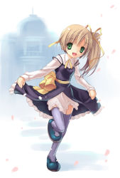 Rule 34 | 1girl, blonde hair, blue footwear, blush, bow, bowtie, building, cherry blossoms, clothes lift, dress, dress lift, flat chest, green eyes, hair ribbon, hiiro yuki, lifting own clothes, long hair, long sleeves, looking at viewer, natural another one 2nd belladonna, open mouth, petals, ponytail, purple dress, purple thighhighs, ribbon, shirt, shoes, side ponytail, skirt, skirt lift, sleeveless, sleeveless dress, smile, solo, thighhighs, white shirt, yachigusa kyouka, yellow neckwear