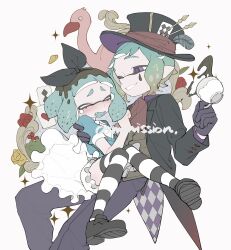 Rule 34 | 1boy, 1girl, aqua hair, argyle, ascot, bird, black bow, black footwear, black gloves, black headwear, black thighhighs, blush, bow, card, closed eyes, commentary request, commission, cup, dress, fangs, flamingo, flower, frilled dress, frills, gloves, gomi20021021, gradient hair, hat, highres, holding, holding cup, inkling, inkling boy, inkling girl, inkling player character, medium hair, multicolored hair, nintendo, one eye closed, open mouth, playing card, pointy ears, purple eyes, purple pupils, red ascot, shoes, smile, sparkle, splatoon (series), splatoon 3, striped clothes, striped thighhighs, tea, teacup, teardrop facial mark, tears, teeth, tentacle hair, thick eyebrows, thighhighs, top hat, two-tone thighhighs, watermark, white background, white thighhighs