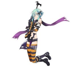 Rule 34 | 10s, 1girl, black gloves, black shorts, blue eyes, blue hair, elbow gloves, full body, gloves, gun, hair ornament, halloween, highres, holding, holding gun, holding weapon, looking at viewer, matching hair/eyes, navel, official art, purple scarf, rifle, scarf, short hair, short shorts, shorts, simple background, sinon, smile, sniper rifle, solo, striped clothes, striped thighhighs, sword art online, sword art online: code register, thighhighs, weapon, white background