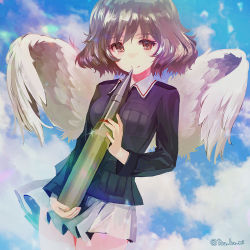 Rule 34 | 1girl, akiyama yukari, angel wings, blue sky, breast pocket, breasts, brown eyes, brown hair, closed mouth, cloud, cloudy sky, cowboy shot, day, dutch angle, feathered wings, girls und panzer, holding, light particles, looking at viewer, messy hair, military, military uniform, miniskirt, ooarai school uniform, outdoors, pleated skirt, pocket, school uniform, shiny skin, short hair, skirt, sky, small breasts, smile, solo, standing, sunlight, tank shell, twitter username, uniform, white skirt, white wings, wind, wind lift, wings, yurikuta tsukumi