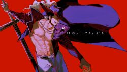 Rule 34 | 1boy, abs, arm up, azisaiharumaki56, belt, belt buckle, black hair, black hat, blurry edges, buckle, closed mouth, coat, collarbone, copyright name, cowboy shot, cross pendant, dracule mihawk, english text, expressionless, facial hair, floating clothes, from side, grey pants, hat, hat feather, highres, holding, holding sword, holding weapon, jewelry, long sideburns, long sleeves, looking ahead, male focus, mature male, mustache, navel, no nipples, no shirt, one piece, open clothes, open coat, outstretched arm, pants, partially shaded face, pectorals, red background, red eyes, short hair, sideburns, simple background, solo, standing, sword, weapon, weapon behind back, wind, wind lift, yoru (sword)