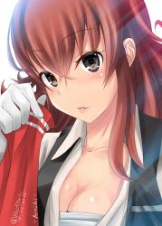 Rule 34 | 10s, 1girl, ahoge, arashi (kancolle), blasowa, blouse, breasts, brown eyes, cleavage, gloves, hair between eyes, highres, kantai collection, kerchief, lips, long hair, looking at viewer, messy hair, open clothes, open shirt, parted lips, red hair, school uniform, shirt, solo, upper body, vest, white gloves