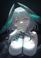 Rule 34 | 1girl, absurdres, aqua nails, arknights, black background, breasts, closed mouth, dress, fingerless gloves, gloves, green eyes, grey hair, head wings, highres, ho&#039;olheyak (arknights), innoarukugyou, large breasts, long hair, long sleeves, looking at viewer, nail polish, off shoulder, simple background, single bare shoulder, smile, solo, upper body, white dress, white gloves, wide sleeves, wings
