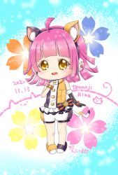Rule 34 | 1girl, animal ears, animal print, artist name, artist request, asymmetrical footwear, bare legs, bare shoulders, black bow, black footwear, black gloves, blunt bangs, blush, bow, breasts, brown eyes, cat ears, cat print, cat tail, chibi, clenched hand, dress, dress shirt, elbow gloves, exciting animal (love live!), female focus, flat chest, full body, fur-trimmed footwear, fur-trimmed gloves, fur-trimmed shorts, fur trim, gloves, headphones, high collar, highres, looking at viewer, love live!, love live! nijigasaki high school idol club, love live! school idol festival, love live! school idol festival all stars, miniskirt, mismatched footwear, multicolored clothes, orange bow, parted lips, paw print, pink hair, plaid, plaid skirt, pleated, pleated skirt, puffy shorts, shirt, short hair, shorts, single elbow glove, single glove, skirt, sleeveless, slippers, small breasts, smile, solo, standing, striped, striped bow, tail, teeth, tennoji rina, white skirt, wrist bow, yellow eyes, yellow footwear