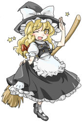 Rule 34 | 1girl, blonde hair, broom, female focus, full body, hat, kirisame marisa, nanami sano, one eye closed, simple background, solo, touhou, wink, witch, witch hat