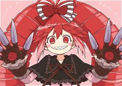 Rule 34 | 1girl, antenna hair, black bow, blush stickers, bow, capelet, claws, doll joints, drill hair, frills, grin, hair bow, hands up, highres, joints, long hair, looking at viewer, micha jawkan, oninamako, pink background, pink shirt, red bow, red eyes, red hair, ringed eyes, senki zesshou symphogear, sharp teeth, shirt, simple background, smile, solo, striped, striped bow, teeth, twin drills, upper body, wrist cuffs
