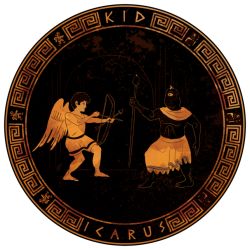 Rule 34 | angel, arrow (projectile), barefoot, black background, eggplant wizard, fine art parody, greek pottery art, kid icarus, nintendo, one-eyed, parody, pit (kid icarus), tunic, wings