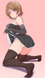 Rule 34 | 1girl, absurdres, ankoiri, black gloves, black thighhighs, blush, breasts, brown hair, clothes lift, dress, dress lift, elbow gloves, gloves, highres, kneeling, koizumi hanayo, lifting own clothes, looking at viewer, love live!, love live! school idol project, maid, maid headdress, medium breasts, panties, pink background, purple eyes, raised eyebrows, shadow, short hair, solo, thighhighs, underwear, white panties