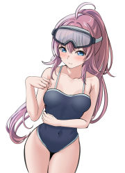 Rule 34 | 1girl, absurdres, ahoge, alternate hairstyle, arm across waist, bang dream!, bare arms, bare shoulders, blue eyes, blue one-piece swimsuit, blush, breasts, collarbone, commentary request, competition school swimsuit, covered navel, cowboy shot, goggles, goggles on head, hair between eyes, hands up, highres, long hair, looking away, one-piece swimsuit, parted lips, pink hair, ponytail, ptal, school swimsuit, simple background, small breasts, solo, standing, swimsuit, tamade chiyu, very long hair, white background