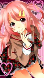 Rule 34 | 1girl, asuka (yuiyui1210), colorized, female focus, hair ornament, hairclip, hand to own mouth, hatachi, original, pink eyes, pink hair, plaid, smile, solo
