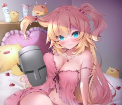 Rule 34 | 1girl, akai haato, babydoll, binaural microphone, blonde hair, blush, bottle, breasts, cleavage, closed mouth, haaton (akai haato), hair between eyes, hair ornament, heart, heart hair ornament, heart necklace, heart-shaped pillow, highres, holding, holding microphone, hololive, indoors, jewelry, large breasts, long hair, looking at viewer, makinan, microphone, midriff, navel, necklace, on bed, panties, pillow, pink panties, sitting, smile, solo, strap slip, two side up, underwear, very long hair, virtual youtuber