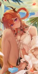 Rule 34 | 1girl, absurdres, arknights, bare legs, bare shoulders, barefoot, bikini, black bikini, bracelet, breasts, burnt clothes, cleavage, closed mouth, criss-cross halter, detached sleeves, food, hair ornament, hair rings, halterneck, hammock, hand on own knee, highres, holding, holding food, horns, jewelry, knee up, large breasts, long hair, long sleeves, looking at viewer, monge baby, navel, official alternate costume, pink eyes, popsicle, red hair, sitting, solo, star (symbol), star hair ornament, surtr (arknights), surtr (colorful wonderland) (arknights), swimsuit, swimsuit cover-up, thigh strap