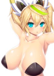 Rule 34 | 1girl, aqua eyes, arms up, asamura hiori, blonde hair, blush, breasts, cleavage, commentary request, gene (pso2), green hair, hair between eyes, highres, huge breasts, long hair, looking at viewer, multicolored hair, nude, open mouth, pasties, phantasy star, phantasy star online 2, revision, solo, twintails