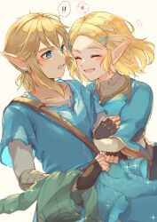 Rule 34 | !, !!, 1boy, 1girl, black gloves, blonde hair, blue eyes, blue shirt, blue tunic, champion&#039;s tunic (zelda), closed eyes, commentary request, earrings, fingerless gloves, gloves, hair ornament, hairclip, heart, highres, holding, holding clothes, jewelry, link, locked arms, looking at another, medium hair, nintendo, parted bangs, pointy ears, princess zelda, seri (yuukasakura), shirt, short hair, short ponytail, signature, simple background, smile, spoken exclamation mark, spoken heart, the legend of zelda, the legend of zelda: tears of the kingdom