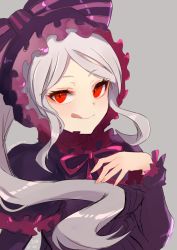 Rule 34 | 1girl, breasts, closed mouth, commentary request, dress, frilled dress, frills, gothic lolita, grey background, lolita fashion, long hair, looking at viewer, nail polish, overlord (maruyama), pink nails, pink ribbon, ponytail, red eyes, ribbon, sakusan yousoeki, shalltear bloodfallen, silver hair, simple background, small breasts, smile, solo, tongue, tongue out, upper body, vampire