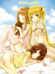 Rule 34 | 3girls, absurdres, angel wings, aqua eyes, ass, bare shoulders, barefoot, blonde hair, bottomless, bow, bra, brown eyes, brown hair, camisole, cloud, cuteg, day, closed eyes, fake halo, flat chest, hair bobbles, hair bow, hair ornament, hair ribbon, halo, heart, highres, long hair, looking at viewer, lying, multiple girls, navel, no panties, hugging object, on side, original, parted lips, plaid, plaid bra, ribbon, seiza, short hair, sitting, smile, strap slip, stuffed animal, stuffed toy, teddy bear, thighhighs, twintails, underwear, very long hair, white legwear, wings, yellow legwear