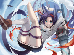 Rule 34 | 1girl, :d, aircraft, airplane, animal ears, ankle boots, arknights, beruko14, black gloves, black skirt, blaze (arknights), blue eyes, blue sky, boots, bracelet, breasts, brown footwear, cat ears, cat girl, cat tail, chainsaw, cleavage, day, fingerless gloves, fire, gloves, grin, hairband, highres, holding, holding weapon, infection monitor (arknights), jacket, jewelry, kneepits, long hair, long sleeves, medium breasts, midair, miniskirt, open clothes, open jacket, open mouth, outdoors, panties, parted lips, power tool, purple hair, red hairband, shirt, single thighhigh, skirt, sky, smile, solo, tail, thigh strap, thighhighs, twitter username, underbust, underwear, upskirt, v-shaped eyebrows, very long hair, weapon, white jacket, white panties, white shirt, white thighhighs