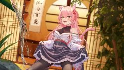 Rule 34 | 1girl, :d, animal ears, architecture, black pantyhose, blush, bodystocking, breasts, calligraphy, cat ears, cat girl, cat tail, chinese text, cleavage, cowboy shot, east asian architecture, frilled skirt, frills, grass, hair ribbon, hanging scroll, hiiro (vtuber), indie virtual youtuber, japanese clothes, kimono, kneeling, large breasts, laska (572124034), leaf, long hair, looking at viewer, lower teeth only, milestone celebration, miniskirt, off-shoulder shirt, off shoulder, open mouth, pantyhose, pink hair, purple skirt, red ribbon, ribbon, scroll, shirt, skirt, skirt hold, smile, solo, tail, teeth, tube, virtual youtuber, water, water drop, white shirt, yellow eyes