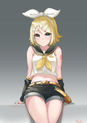 Rule 34 | 1girl, absurdres, azusa (azunyan12), black sailor collar, black shorts, black sleeves, blonde hair, blue eyes, bow, bow hairband, closed mouth, collarbone, detached sleeves, gradient background, grey background, hair bow, hairband, headphones, headset, highres, kagamine rin, looking at viewer, microphone, midriff, navel, neckerchief, sailor collar, short hair, short shorts, shorts, signature, sitting, solo, stomach, swept bangs, vocaloid, white bow, white hairband, yellow neckerchief