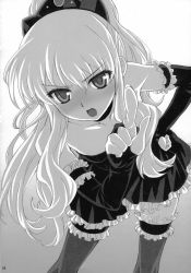 Rule 34 | bent over, blush, breasts, bridal gauntlets, collarbone, detached sleeves, dress, frilled dress, frilled thighhighs, frills, gradient background, greyscale, hair between eyes, hand on own hip, high ponytail, highres, long hair, long sleeves, looking at viewer, louise francoise le blanc de la valliere, monochrome, novel illustration, official art, open mouth, page number, pleated dress, short dress, sleeveless, sleeveless dress, small breasts, solo, strapless, strapless dress, thighhighs, usatsuka eiji, very long hair, zero no tsukaima, zettai ryouiki