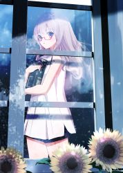 Rule 34 | 1girl, a.a (aa772), bare arms, bare shoulders, black shorts, blush, boots, commentary, dress, floating hair, flower, from outside, glasses, grey hair, hair between eyes, highres, long hair, hugging object, original, parted lips, purple eyes, red-framed eyewear, semi-rimless eyewear, short shorts, shorts, shorts under dress, sleeveless, sleeveless dress, solo, sunflower, symbol-only commentary, under-rim eyewear, white dress, window, yellow flower