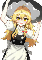 Rule 34 | 1girl, :d, absurdres, ahoge, apron, black hat, black skirt, black vest, blonde hair, blush, bow, breasts, buttons, dutch angle, frilled apron, frilled hat, frills, hat, highres, holding, holding clothes, holding hat, kirisame marisa, long hair, open mouth, puffy short sleeves, puffy sleeves, shirt, short sleeves, simple background, skirt, small breasts, smile, solo, touhou, user dmpa3347, very long hair, vest, waist bow, white apron, white background, white bow, white shirt, yellow eyes