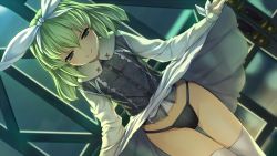 Rule 34 | 1girl, alice soft, clothes lift, dress, dress lift, game cg, green eyes, green hair, legs, looking at viewer, matching hair/eyes, panties, rance09: the helman revolution, short hair, smile, solo, standing, thighs, underwear, white legwear