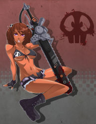 Rule 34 | 1girl, belt, bikini, bikini top only, blood, blood stain, boots, breasts, brown hair, chainsword, chuunioniika, cutoffs, dark-skinned female, dark skin, fingerless gloves, front-tie top, gloves, groin, hair ornament, highres, large breasts, navel, open belt, open fly, original, purple eyes, short shorts, shorts, sitting, skull hair ornament, swimsuit, thighs, toned, twintails, unbuttoned, underboob, unzipped, wariza, weapon