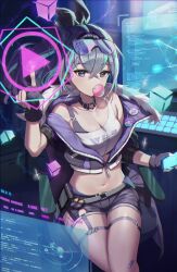Rule 34 | 1girl, absurdres, bare shoulders, black gloves, black shorts, bra strap, blowing bubbles, commentary, crop top, eyewear on head, fingerless gloves, gloves, grey eyes, grey hair, gulby, highres, honkai: star rail, honkai (series), indoors, long hair, looking at viewer, midriff, navel, off shoulder, shirt, short shorts, shorts, silver wolf (honkai: star rail), single-shoulder shirt, sitting, solo, stomach, sunglasses, thigh strap, thighs, white shirt