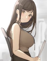 Rule 34 | 1girl, bare shoulders, blush, breasts, brown eyes, brown skirt, chair, closed mouth, from side, highres, holding, holding paper, id card, lanyard, large breasts, long hair, looking at viewer, office lady, ol-chan (ol mahonanoka), ol mahonanoka, original, paper, shirt, shirt tucked in, sitting, skirt, sleeveless, sleeveless shirt, smile