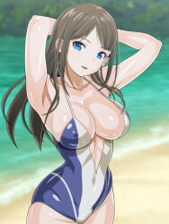 Rule 34 | 1girl, anime coloring, armpits, arms behind head, beach, blue eyes, blurry, blurry background, breasts, brown hair, cleavage, covered erect nipples, cowboy shot, large breasts, long hair, monteriakitto, ocean, one-piece swimsuit, original, outdoors, parted lips, plunging neckline, presenting armpit, shore, sideboob, sidelocks, smile, solo, swimsuit