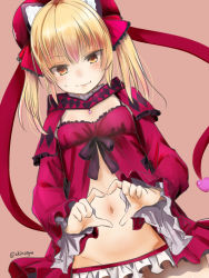 Rule 34 | 1girl, akino shuu, animal ears, blonde hair, blush, bow, breasts, brown background, brown eyes, cat ears, closed mouth, commentary request, dress, dutch angle, fingernails, groin, hair between eyes, hair bow, head tilt, heart, heart hands, long sleeves, navel, red bow, red dress, red ribbon, ribbon, sennen sensou aigis, simple background, sleeves past wrists, small breasts, solo, sweat, twintails, twitter username, wide sleeves, wonder heart (sennen sensou aigis)