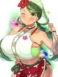 Rule 34 | 1girl, absurdres, aged up, alternate costume, bare shoulders, belt, belt pouch, blush, breasts, clothing cutout, commentary request, cowboy shot, creatures (company), crop top, dark-skinned female, dark skin, flower, game freak, green belt, green eyes, green hair, green headband, green headwear, green shorts, green tube top, hair flower, hair ornament, hat, headband, highres, hizakake, holding, holding ladle, huge breasts, ladle, long hair, looking at viewer, low twintails, mallow (pokemon), midriff, navel, nintendo, one eye closed, pink flower, pokemon, pokemon sm, pouch, red flower, red sarong, sarong, shirt, short shorts, shorts, side cutout, sleeveless, sleeveless shirt, smile, solo, standing, strapless, swept bangs, tongue, tongue out, tube top, twintails, white background, white shirt