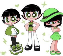 Rule 34 | 1girl, black footwear, black thighhighs, blush, buttercup (ppg), commentary, crossed arms, demon tail, dress, english commentary, green dress, green eyes, hands in pockets, hands on own hips, hat, hat ribbon, heart, highres, jacket, kim crab, lightning bolt symbol, looking at viewer, mary janes, multiple views, powerpuff girls, ribbon, sandals, shoes, short hair, sleeveless, sleeveless dress, smile, sneakers, sparkle, sulking, sundress, tail, thighhighs, tongue, tongue out, white thighhighs