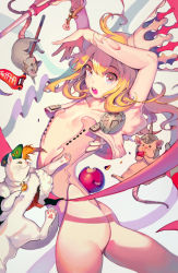 Rule 34 | 1girl, apple, ass, bad id, bad pixiv id, bitten apple, blonde hair, blue eyes, breasts, cat, collarbone, cowboy shot, cropped jacket, crown, flag, flat chest, food, food bite, freng, from side, fruit, highleg, highleg leotard, holding, holding flag, jacket, leotard, long hair, looking at viewer, mini crown, mouse (animal), open clothes, open jacket, open mouth, original, round teeth, small breasts, solo, strapless, strapless leotard, teeth, thighs, twisted torso, wavy hair