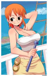Rule 34 | 1girl, absurdres, arm behind head, arm up, bikini, bikini top only, bikini under clothes, blue sky, blush, brown eyes, cloud, cowboy shot, day, highres, holding, midriff, nami (one piece), one piece, orange hair, outdoors, short hair, signature, simmsy, sky, smile, solo, strapless, swimsuit, tube top, white tube top