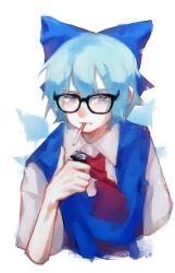 Rule 34 | 1girl, absurdres, ascot, bespectacled, blue bow, blue eyes, blue hair, blue vest, bow, cigarette, cirno, cirno day, closed mouth, collared shirt, commentary request, cropped torso, glasses, hair bow, hand up, highres, holding, holding lighter, ice, ice wings, lighter, looking at viewer, red ascot, shirt, short hair, simple background, sinonon218, solo, touhou, vest, white background, white shirt, wings