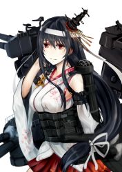 Rule 34 | 10s, 1girl, bare shoulders, black hair, breasts, cannon, detached sleeves, fusou (kancolle), hair ornament, headband, japanese clothes, kantai collection, large breasts, long hair, machinery, natsuyuki, nontraditional miko, obi, red eyes, sash, skirt, smile, smokestack, solo, turret