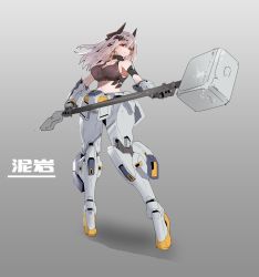 Rule 34 | 1girl, absurdres, arknights, armor, breasts, cleavage, floating hair, gradient background, grey background, gundam, hammer, highres, holding, holding hammer, holding weapon, horns, large breasts, looking to the side, mudrock (arknights), mudrock gundam, name connection, pink hair, pointy ears, power armor, red eyes, science fiction, sideboob, solo, standing, weapon, zhu fun
