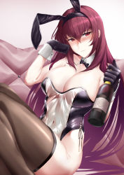 Rule 34 | 1girl, absurdres, arturaxia, black thighhighs, bottle, breasts, fate/grand order, fate (series), hair between eyes, highres, large breasts, leotard, long hair, looking at viewer, meme attire, playboy bunny, purple hair, red eyes, scathach (fate), solo, thighhighs, thighs, translucent bunnysuit, wine bottle